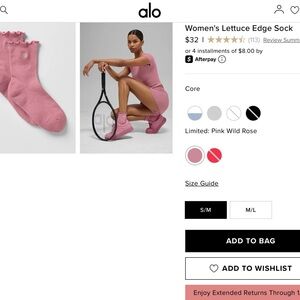 ALO Yoga women’s lettuce edge socks Pink M/L brand new casual athletic
